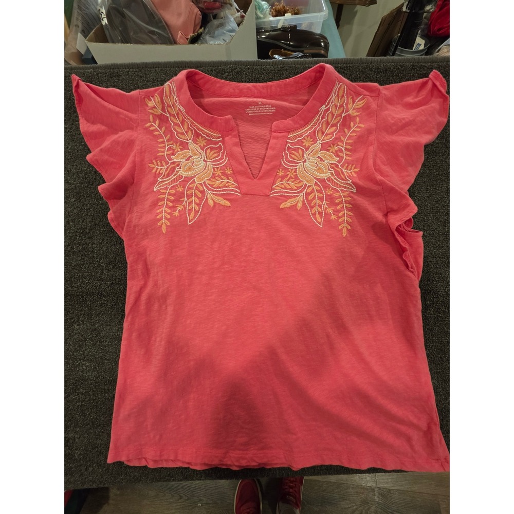 Talbots Coral Pink Embroidered Split Neck Flutter Sleeve Cotton Top XL - Picture 6 of 10